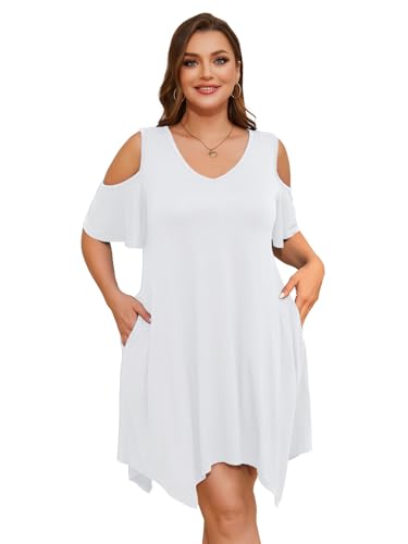 LARACE Womens Summer Casual T Shirt Dresses Cold Shoulder Flowy Dress with Pockets