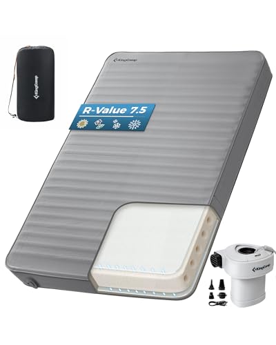 KingCamp Premium Double Self Inflating Sleeping Pad with Air Pump, 7.5 R-Value Air & Foam Camping Mattress 2 Person, 3' Thick Full Size Double Insulated Sleeping Pad for Car Camp Tent, PVC Free, Grey