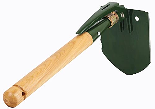 MASTIFF GEARS Folding Survival Shovel - Wooden Handle, Heavy Duty Carbon Steel Military Entrenching Tool for Camping, Off Road, Beach & All-Terrain Digging (Classic w/Pick)