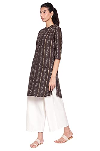 Image of W for Woman Black Mandarin Collar Striped A-line Kurta