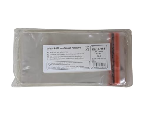 Bolsas transparentes BOPP con solapa adhesiva – Pack 100 uds – 40 micras | Grado alimentario, Amazon FBA, envasado y manualidades (8x12)
