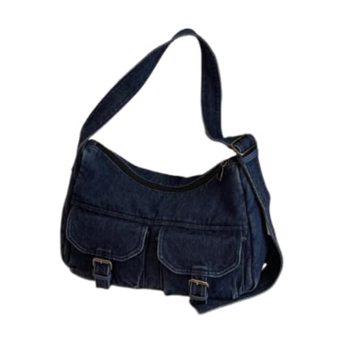 Sac bandoulière en denim bleu foncé avec grande capacité et bretelle réglable pour femme