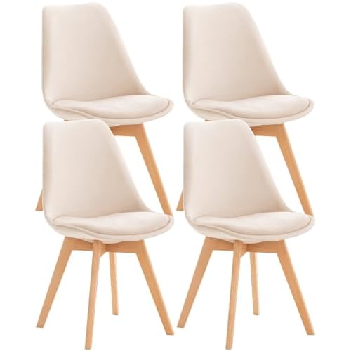 Lot de 4 chaises de Salle à Manger Design scandinave en Tissu Velours Beige Pieds Bois Clair CDS10379