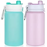 2 Pack Collapsible Water Bottle, 19oz Foldable Water Bottle BPA Free Reusable Lightweight Leak-Proof Travel Silicone Water Bottle for Travel, Gym, Hiking, Office, Camping（Green and Taro Purple）