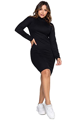 Vestido Midi Feminino Canelado com Gola Alta - Vestido Tubinho de Manga Longa - Vestido Midi Canelad