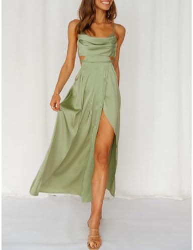 Image of Women's Satin Cowl Neck Backless Maxi Dress Sexy Tie Back Spaghetti Strap Ruched Wedding Guest Slit Long Dresses