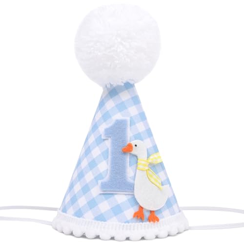 Image of One Silly Goose Birthday Hat - Silly Goose 1st Birthday Decorations, Blue Gingham 1st Birthday Party Hat for Boys, One Silly Goose First Birthday Crown