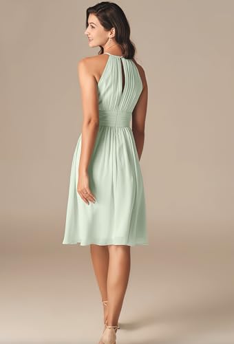 Women's Halter Chiffon Bridesmaid Dresses Short for Wedding A Line Empire Waist Formal Dress with Pleated2
