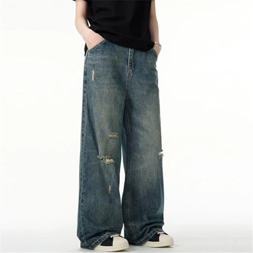 Men's High Street Denim Pants Hole Design Solid Color Wide Leg Bottom Straight Jeans3