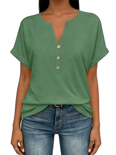 Image of EyMuse Womens Short Sleeve Henley Tops Fashion Casual V Neck Summer Tshirt | Summer Button Up Top Fashion Soft Basic Tees Blouses Spring Comfortable Classic Clothing Resort Wear for Women 2026