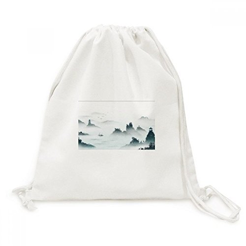 Sac à cordon en toile paysage style chinois aquarelle voyage sac à dos