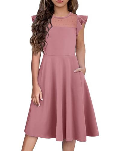 Flypigs Girls Dresses Summer Flutter Short Sleeve Fancy Formal Casual Party Valentines Easter Girl Tween Dress Pink 11-12 Years