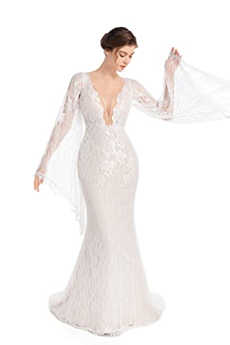 Luxury Lace Flare Sleeves Mermaid Wedding Dress Boho Beach Sexy Deep V Open Back Bridal Gowns2
