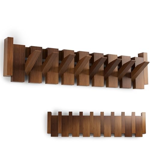 Kiseely Wooden Coat Rack, Wall Mounted Handmade Natural Hook, Space-Saving Coat Hanger with 10 Flip-Down Hooks for Entryway, Bedroom, Bathroom Decoration (Walnut M1, 8 Hooks)