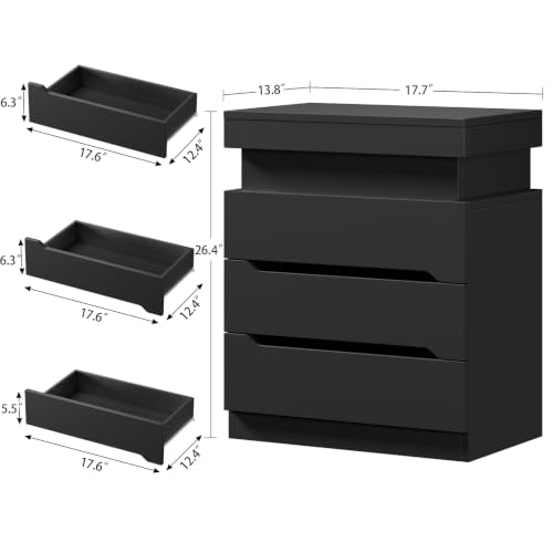 Image of Nightstands Set of 2, Night Stand with 3 Drawers, Nightstand with App-Controlled Adjustable LED Light, Bedside Table with Slidable Hidden Storage Space, Modern Nightstands for Bedroom, Black
