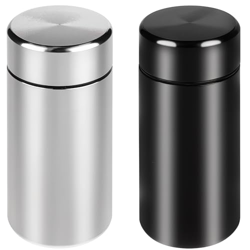 Dimeho Tarro de almacenamiento de aluminio, 2 unidades, portátil, hermético, a prueba de olores, de metal, impermeable, pequeño, multiusos, para especias, café y tés (40 ml, plateado/negro)