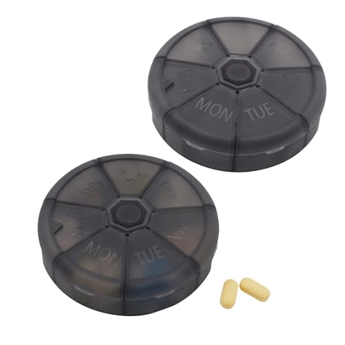 Sneovvin Portable Weekly Pill Organizer (Pack of 2) 7 Day Container Round Case Travel Friendly Daily Week Pill Reminder Vitamin Supplement Fish Oil Medication Planner (Black)