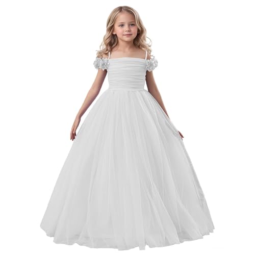 Spaghetti Strap Tulle Prom Dresses for Wedding Flower Girls Sleeveless Bow-Knot Princess Dress Full Length Ball Gown