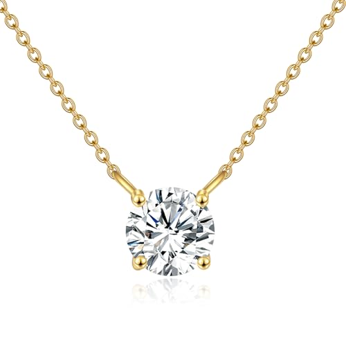 14K Solid Gold Moissanite Necklace 4-Prong Round Cut Moissanite Solitaire Diamond Necklace for Women Anniversary Jewelry Birthday Christmas Gifts for Her Mom Wife Sister, Available in 0.5CT-2CT, 16+2 Inch