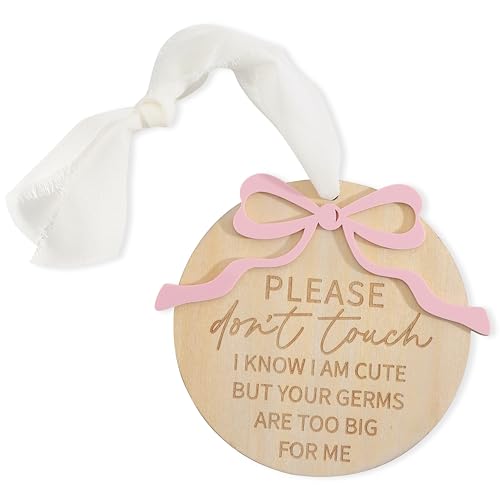 Image of Please Dont Touch Baby Hanging Wood Sign - Wooden Sign for Car Seat or Stroller Bag Tag, No Touching Babies Signage for Newborn, Wood Acrylic Shower Gifts (Pink Bow Dont Touch Baby Sign)