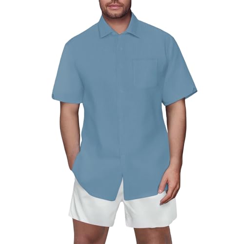 Generisch Manga corta cómoda camisa de lino para hombre, camisa de ocio corta para hombre, solapa monocolor, tira de botones con bolsillo en el pecho, pantalones de cuero, camisa ligera de verano de