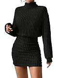 Women's Pullover Sweater Dress Long Lantern Sleeve Turtle Neck Cute Ribbed Knit Bodycon Mini Short Dress 2025 Fall-Black-XL