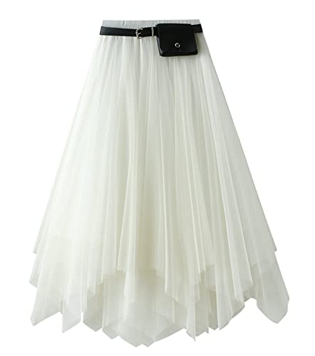 NJNJGO Saia feminina midi em camadas, cintura elástica de fada, saia tutu tule saia princesa, Branco