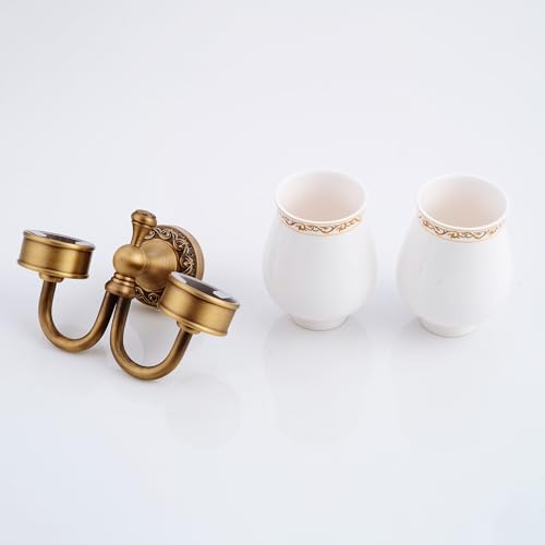 Image of Wall Mounted Bathroom Double Tooth Brushed Cup Holder, Antique Brass Pattern Carving,Brushed Bronze