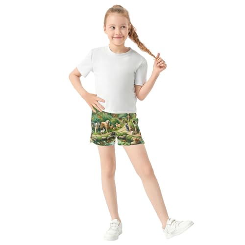 Girls Shorts Woodland Animal Print Green Comfortable Athletic Summer Casual Cute Activewear Kids Teens, X-Small2
