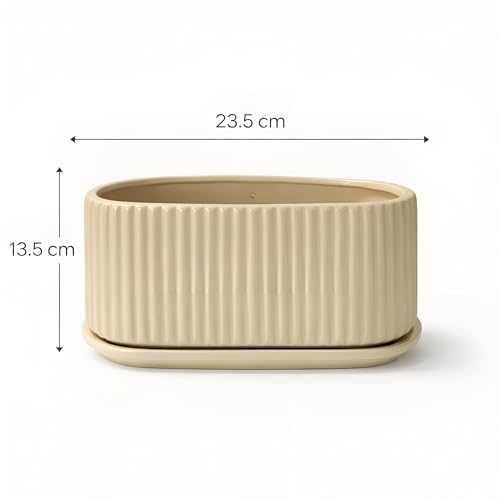 Image of Xtore Refined Ribbed Round Planter Pot with Drain Tray for Indoor & Outdoor Plants | Minimalist Decorative Flower Pot (Pack of 1, Beige)