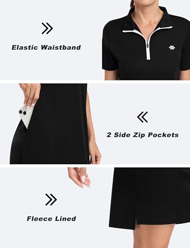 AjezMax Sportkleider Damen Golf Polo Kleider Knielang Ärmellos Sommer Freizeitkleider Atmungsaktiv Polokleid mit Reißverschluss Schwarz XXL
