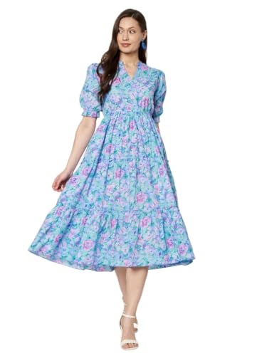 Image of PIDAVLIYA'S Women's Floral Summer Maxi Dress I Cotton Printed I One Piece Bodycon Midi Dress with V-Neck, Puffed Sleeves