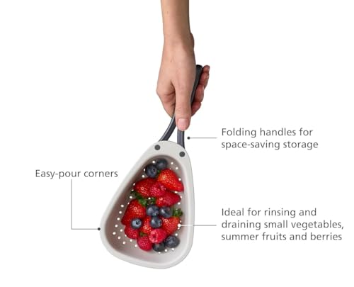 Image of Beige Colander - Folding Handle for Space Saving, Perfect for Rinsing Vegetables, Pasta, Berries, Grains - Compact Kitchen Strainer (1 Pcs) (Small)