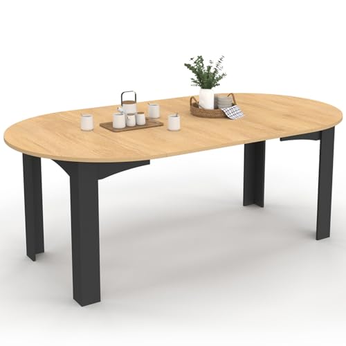 IDMarket - Table à Manger Extensible Ronde Dona 4-10 Personnes Noire Plateau façon hêtre 110-200 cm