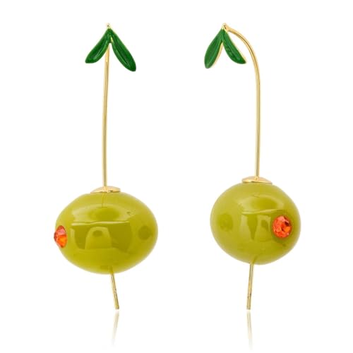 Statement Olive Earrings – Asymmetrical Fruit Drop Design with Gold Stem, Fun Costume Jewelry for Women Holiday Party3