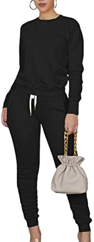 Women's 2 Piece Stacked Tracksuit Set Long Sleeve Pullover + Drawstring Ruched Pants Sweatpants Sport Outfits Sets,Black,Small