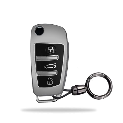 Image of SIAGO TPU Key Cover and Round Key Chain Compatible with Audi A1 A3 A6 Q2 Q3 Q7 TT TTS R8 S3 S6 RS3 3 Button Flip Key (Grey)