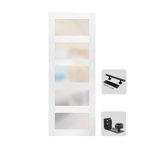 S&Z TOPHAND® 30 in x 84 in Glass MDF BarnDoor, PVC Surface, Simple DIY Assembly, with Senior Door Handle. Only Door, No Sliding Hardware Set.