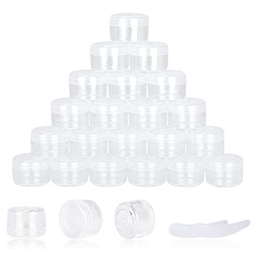 25PCS 5 Gram Sample Containers, 5ml Empty Jars with Lids, Small Cosmetic Containers, Mini Sample Jars with 2PCS Mini Spatulas for Make Up, Oils, Lotion, Powder, Paint, Jewelry, Lip Balms(Clear Lid)