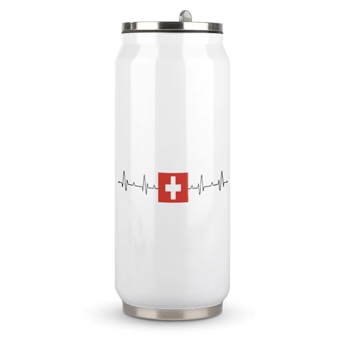 Yelolyio Schweiz Flagge Herzschlag Tassen Schweiz Edelstahl Tumbler Reise Kaffeebecher Edelstahlbecher mit Deckel und Strohhalm für Männer Frauen Geburtstagsgeschenk