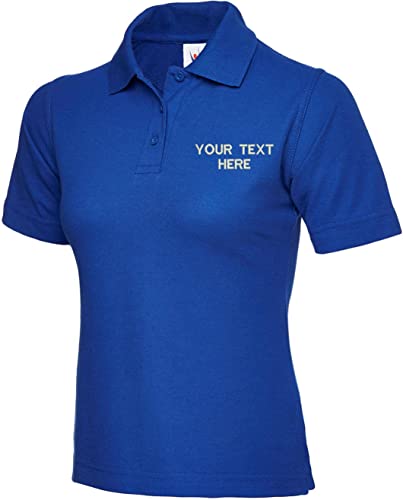 Image of Personalised Embroidered Your Text Ladies Classic Polo Shirt Casual Workwear Partywear Adult Women Gift Top (Royal, L, l)