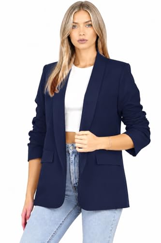 Image of Women’s Ruched 3/4 Sleeve Blazer Jacket Fully Lined Ladies Open Front Plain Smart Casual Work Office Evening Lightweight Blazer Top with Pockets for Formal Wear Business & Party Size 12-14 Navy