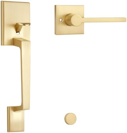 EHOMEWARE Brass Double Front Door Handle Set, Gold Square Lever & Deadbolt Combo For Double Entry Doors, Satin Brass Finish