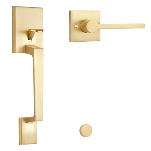 EHOMEWARE Gold Front Door Handle, Exterior Door Handle No Lock, Heavy Duty Entry Door Handleset, Reversible Door Lever for Left-Right Handed Doors, Satin Brass Finish