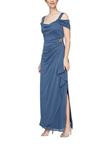 Image of Alex Evenings Women's Long Cold Shoulder Mother of the Bride Dress with Beaded Detail at Hip