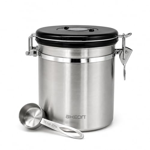 Image of AXEON Airtight Stainless Steel Coffee Canister with Scoop Spoon - 1500 ml | Coffee Bean Storage Container for Loose Leaf Tea, Coffee Beans | Storage Container with Exhaust Valve & Date Tracker