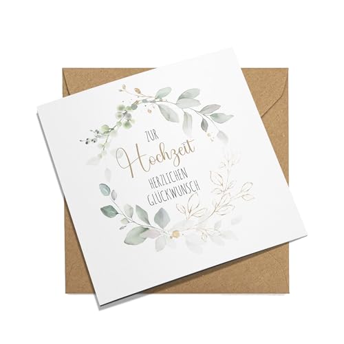 FORYOU24 MYPRINTZ Glückwunschkarte zur Hochzeit mit Umschlag aus Kraftpapier. Hochzeitskarte Grußkarte Vermählung Just Married Wedding Eukaliptus (KT_118)