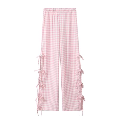 Y2K Gingham Pants for Women Bow Tie Side Slit Wide Leg Lounge Loose Fit Plaid Trousers Teen Girls Going Out Pants2