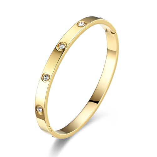 CPJJ Schmuck Damen Armreif Edelstahl Zirkonia einfache Stil Armband 6mm breit mit Schließe Armspange Gravur, 1 Stück