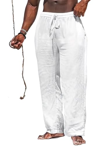 MATEAM Mens Beach Pants Mens Linen Pants with Drawstring Summer Dress Mens Beach Wear White 36
